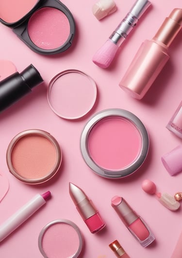 Close-up of colorful makeup products arranged on a pastel pink background