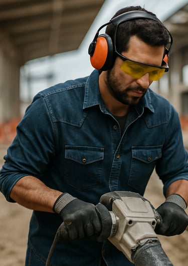 trabajador en estación de tren en construcción usando orejeras de seguridad naranjas como protección