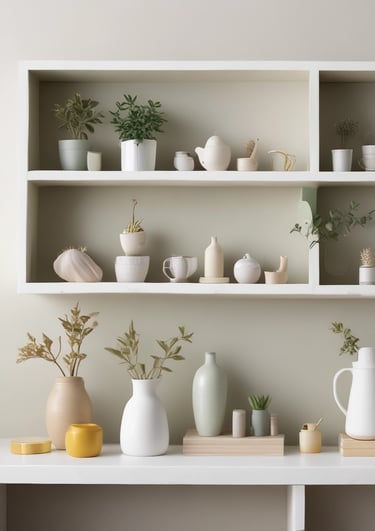 vasellame su scaffale bianco