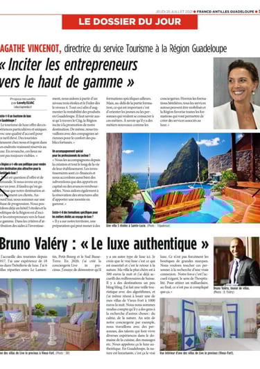 Extrait d’un article de presse dans France-Antilles où Bruno Valery évoque le luxe authentique comme moteur de l’hospitalité 