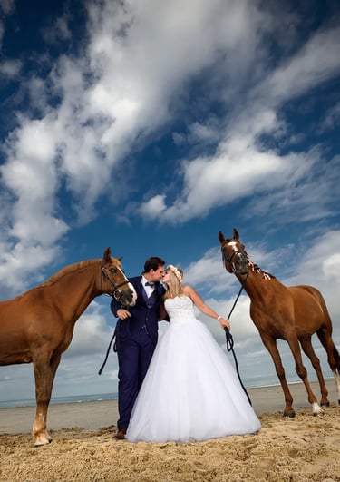 after day a bride and groom standing on the beach