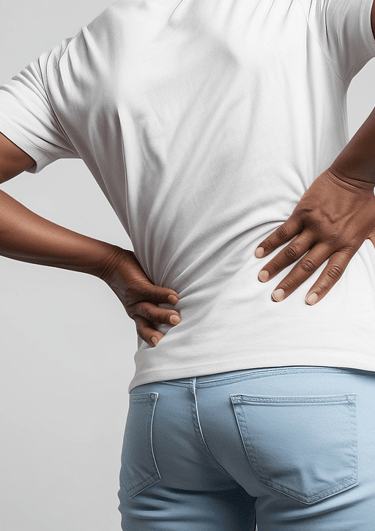 Person holding lower back and leaning to one side, indicating low back pain.