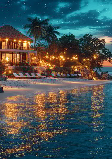 Visuel haut de gamme d’un hôtel boutique caribéen en bord de mer au coucher du soleil, architecture élégante et végétation tr