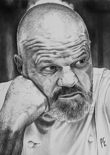 Dessin portrait réaliste en noir et blanc de Philippe Etchebest