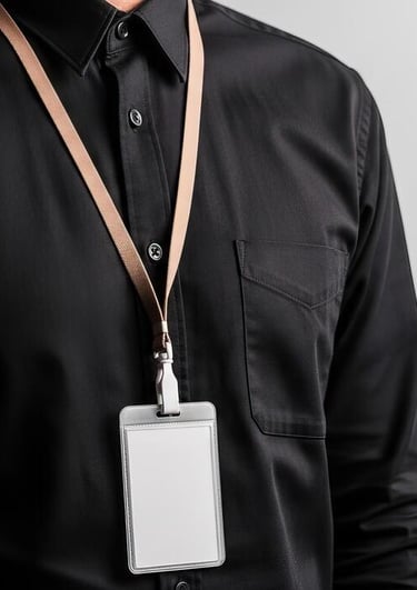 man wearing a lanyard holding an ID card
