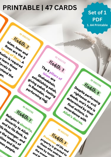 40 hadith for kids, 40 hadith of Imam An Nawawi, Hadith flashcards, islamic flashcards