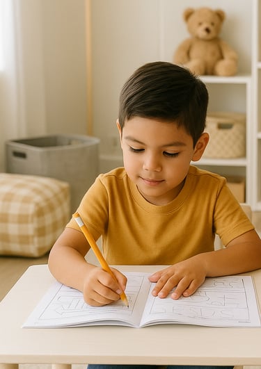 two children are sitting at a table with pencils and pencils