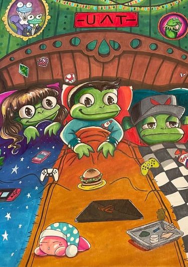 commission custom art piece of college friends in bed together hanging out