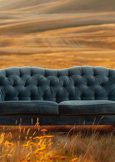 a blue therapy couch in a orange grass field