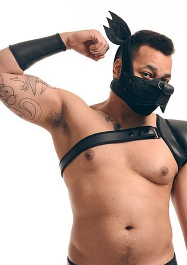 man in animal play wolf mask with ears and gladiator armor