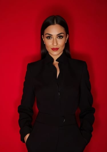 Serena Maria Lerose, Business-Coach für Social Media Management, vor rotem Hintergrund im schwarzen Hemd