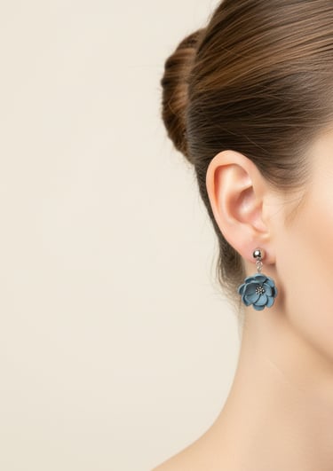 a woman with a blue flower earrings