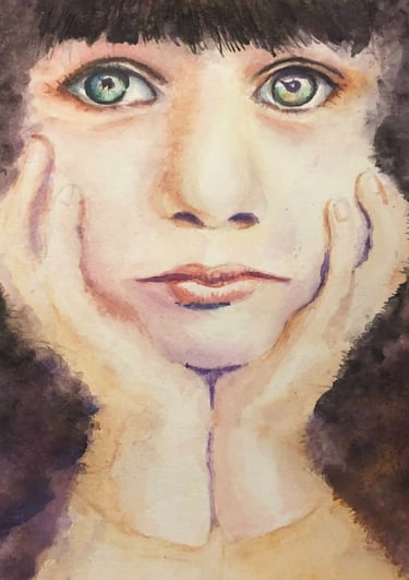 a watercolor painting of a girl with green eyes