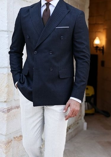 a man in a suit and tie is standing in front of a stone wall