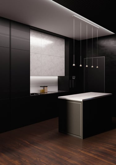 Rendu 3D d’une cuisine moderne noire avec îlot central, éclairage suspendu et design minimaliste.