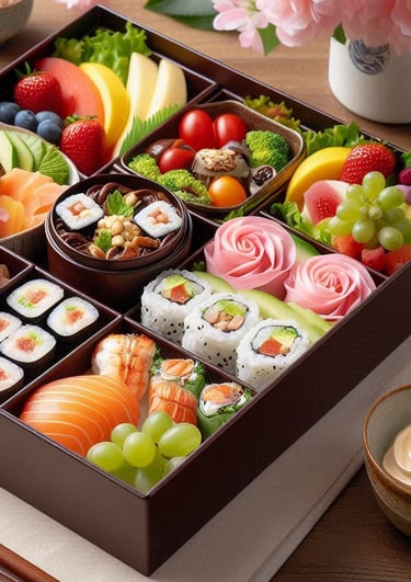 a box of sushi with sushi and sushi