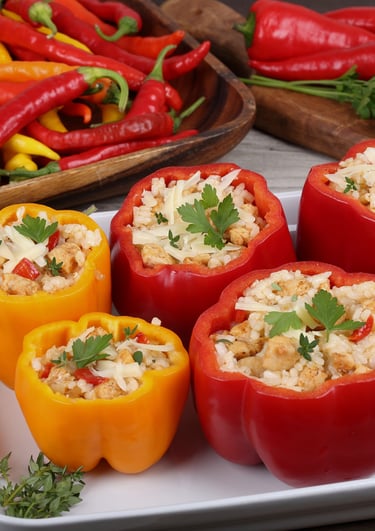 recette poivrons farcis, riz, poulet