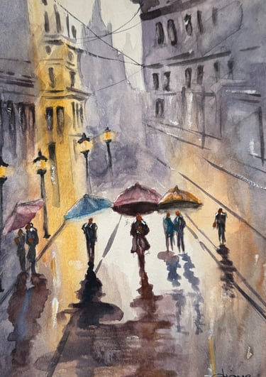 a painting of people walking down a street on a rainy day