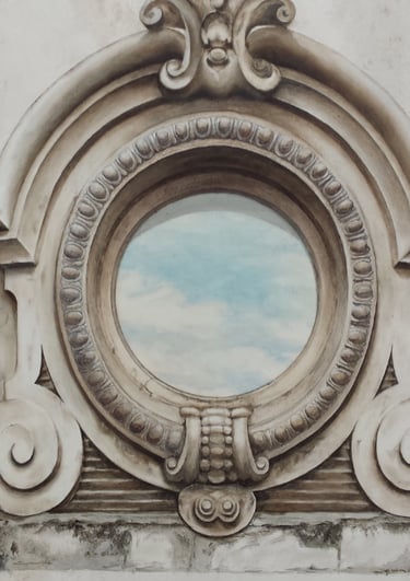 Oeil de boeuf en trompe-l'oeil peint, avec le reflet d'un ciel
