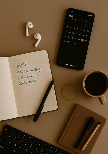 to-do list notebook, smartphone showing a calendar, coffee mug, earbuds, and writing tools arranged