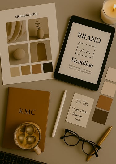 “Flat lay of branding tools including moodboard, tablet, notebook, and color swatches