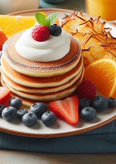a plate of pancakes with fruit on a table
