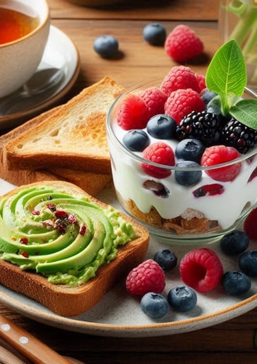 a plate of food with fruit and a cup of tea