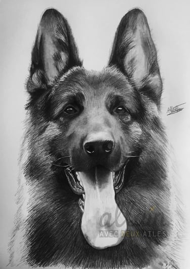 Dessin réaliste en noir et blanc d'un berger allemand