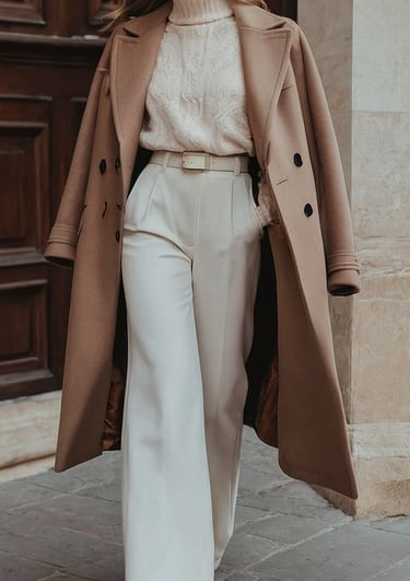 a woman in a beige coat and white pants