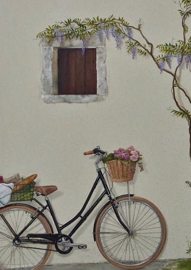 Un vélo, une glycine, un banc, des oiseaux, un livre et une fenêtre en trompe-l'oeil, ces décors peints animent une façade ex