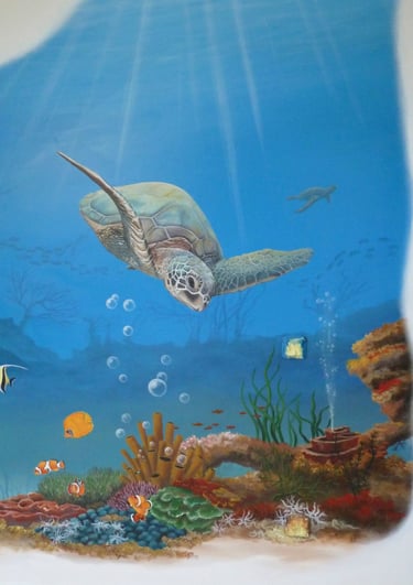 Une fresque pour décorer une chambre d'enfant. Eveiller l'imaginaire. Des fonds marins, des poissons colorés et une tortue.