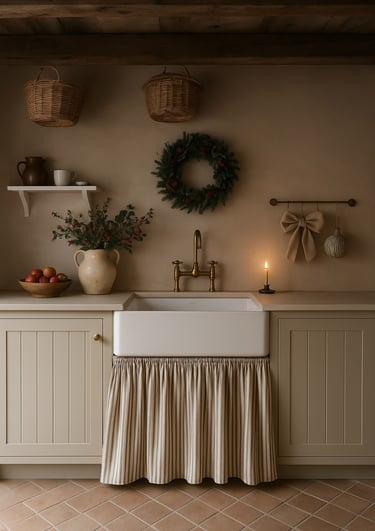 pretty country kitchen with a sink skirt beneath the sink