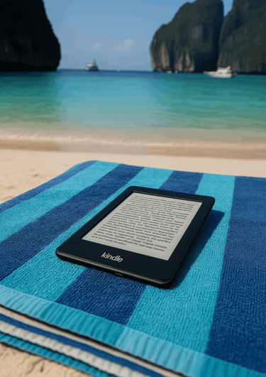 A Kindle Paperwhite resting on a beach towel with the ocean in the background