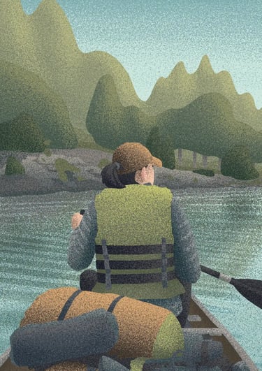 board game illustration of a woman paddling a canoe across a lake toward sunlit trees on the shore