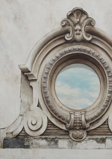 Oeil de boeuf en trompe-l'oeil peint, avec le reflet d'un ciel
