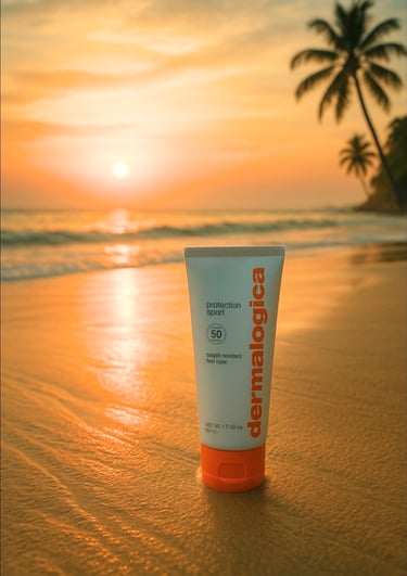 A bottle of Dermalogica Sport SPF 50 sunscreen on the shore of a Thai beach at sunset