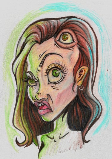 a drawing of a woman with green eyes. Angelina Jolie with a third eye.