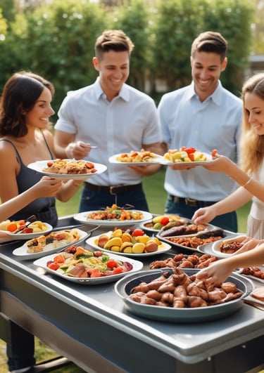 A sizzling BBQ grill with juicy ribs and brisket, flames licking the edges under a smoky sky.