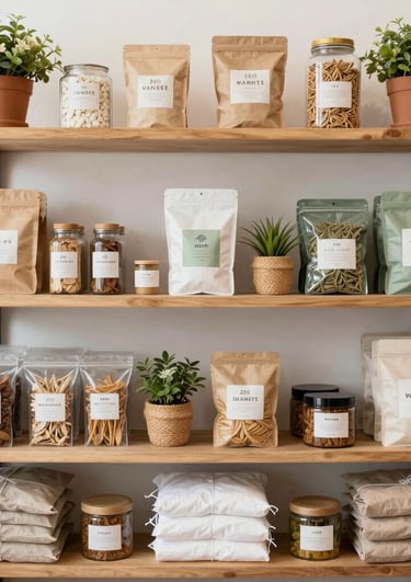 A minimalist arrangement of soft earth-toned products displayed with ample white space.