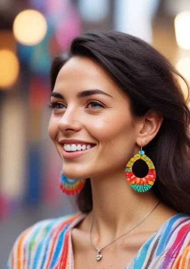 A vibrant display of colorful handmade necklaces with red, green, and white beads on a rustic wooden table.