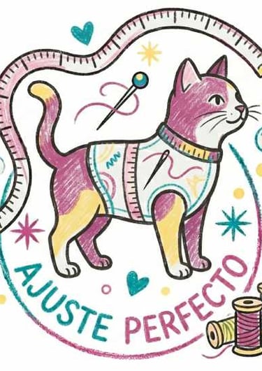 Crayon illustration of a cat wearing a vest with a measuring tape, sewing thread, and the text Ajuste Perfecto.