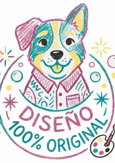 Colorful crayon illustration of a smiling dog with Spanish text reading Diseño 100% Original.