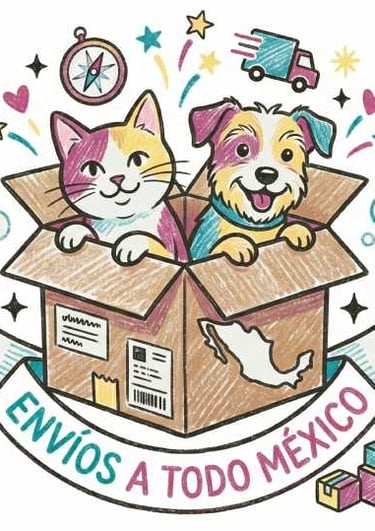 Illustration of a cat and dog in a shipping box with text Envíos a todo México for pet delivery services.