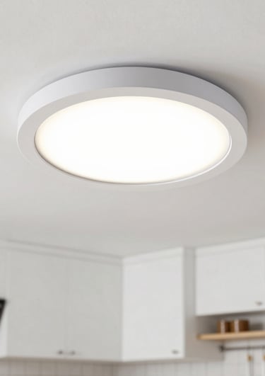 A close-up of a modern LED lamp glowing warmly in a cozy living room.