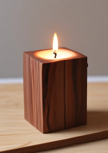 Set of wooden candle holders made from rich wood with smooth finish on a cozy shelf