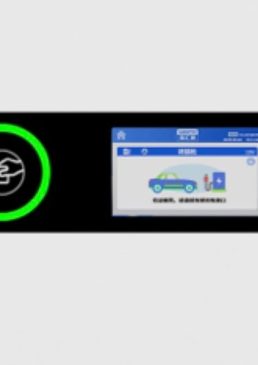 EV charging station interface with LED light, RFID scanner, and digital display screen.