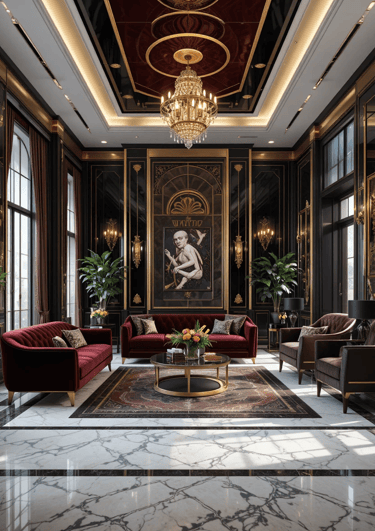 Decoración Art Déco moderno en salón elegante con detalles dorados