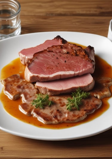 Close-up of fresh, marbled beef cuts on a dark slate board with herbs.