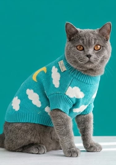 Un elegante gato British Shorthair gris, de mirada tranquila y penetrante, modela un jersey de punto
