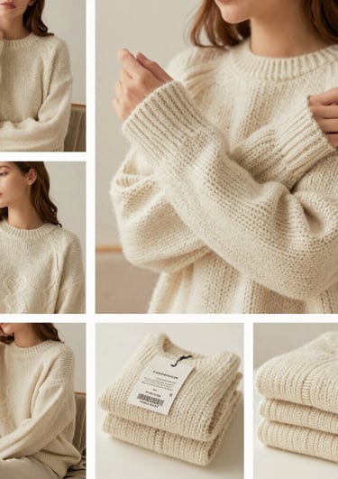 A cozy flat lay of soft, earth-toned sustainable sweaters folded neatly on a wooden table.